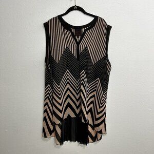 French Blue‎ Sleeveless Tunic Top Chevron Striped Pleated Back Brown Beige Sz 1X